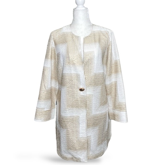 Chico's Travelers Crinkle Long Cardigan Duster Blazer Jacket Gold White Sz L/2 - Picture 7 of 13